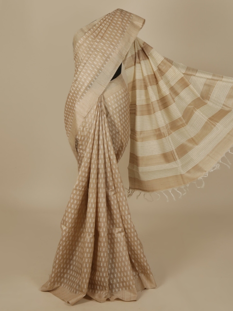 

Pothys Cream-Coloured & Gold-Toned Jute Silk Woven Design Saree
