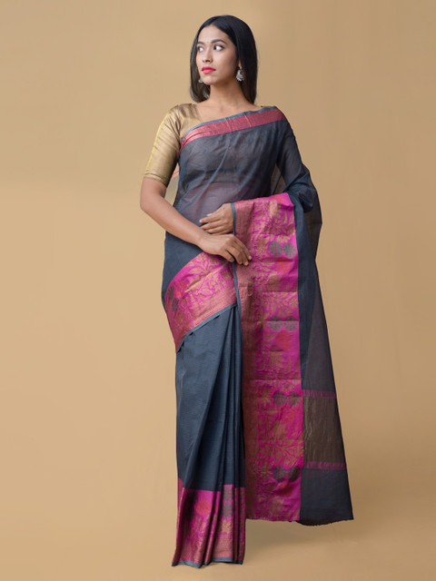 

Unnati Silks Blue Silk Cotton Checked Banarasi Saree