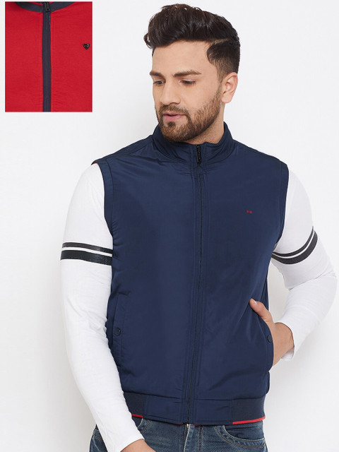 

Okane Men Navy Blue & Red Colourblocked Reversible Bomber