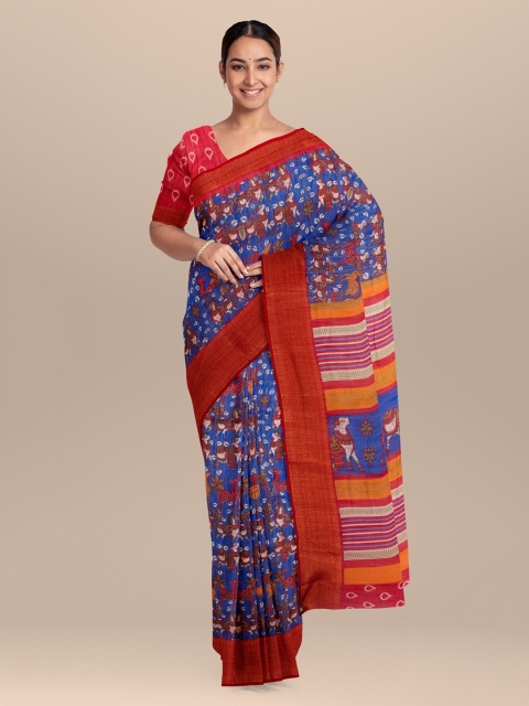 

KLM Fashion Mall Blue & Red Linen Blend Printed Saree