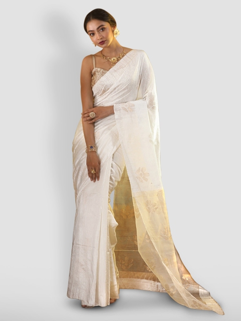 

Aryavart Off-White & Gold-Toned Pure Silk Printed Saree