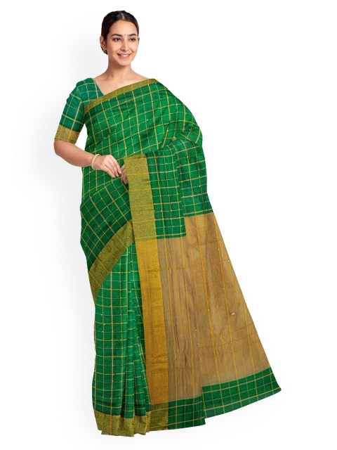 

KLM Fashion Mall Green Checked Silk Blend Saree