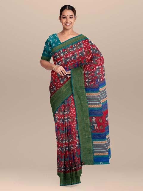 

KLM Fashion Mall Red & Green Linen Blend Printed Saree