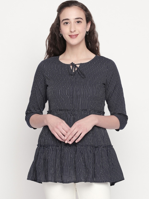 

Mesmerize Women Navy Blue Printed A-Line Pure Cotton Top