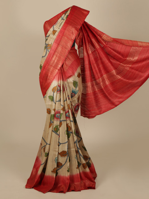 

Pothys Cream & Red Floral Print Tussar Silk Saree
