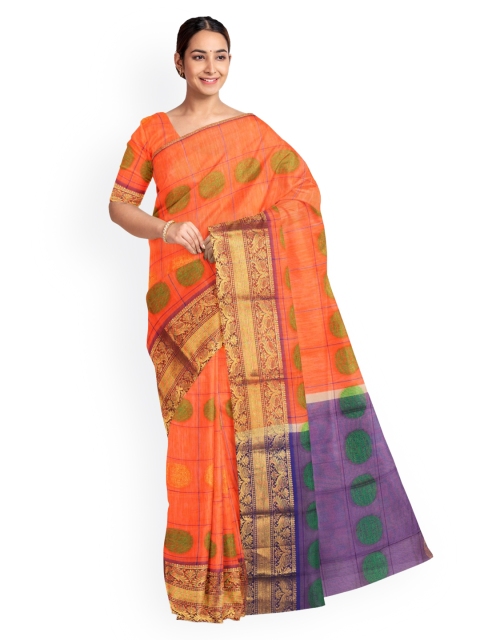

KLM Fashion Mall Orange & Purple Silk Blend Checked Saree