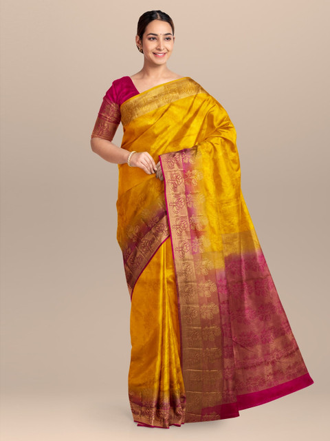 

KLM Fashion Mall Yellow & Pink Linen Blend Woven Design Saree