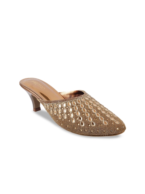 

Metro Women Bronze-Toned Woven Design Heeled Mules