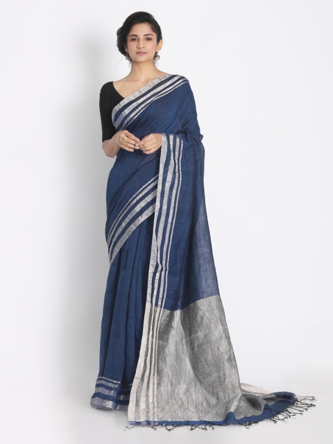 

Aryavart Navy Blue Solid Pure Linen Saree