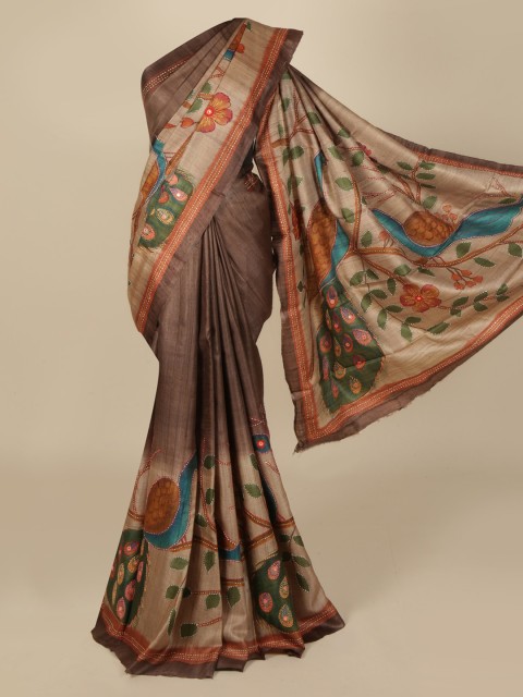

Pothys Brown & Off-White Jute Silk Printed Saree