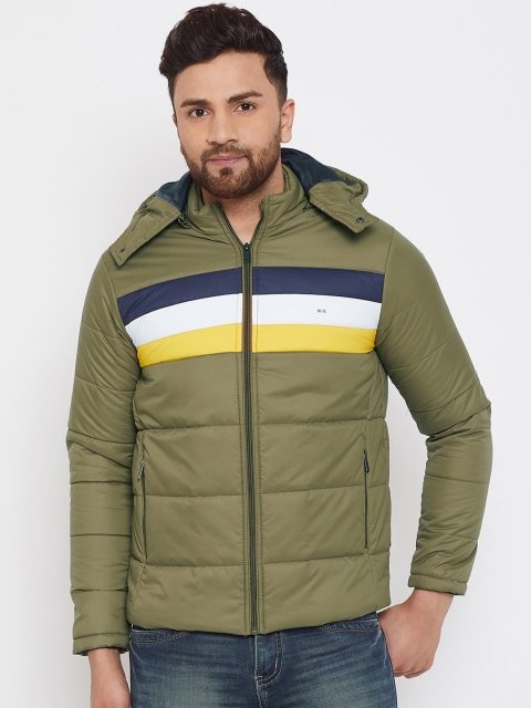 

Okane Men Olive Green Striped Puffer Jacket