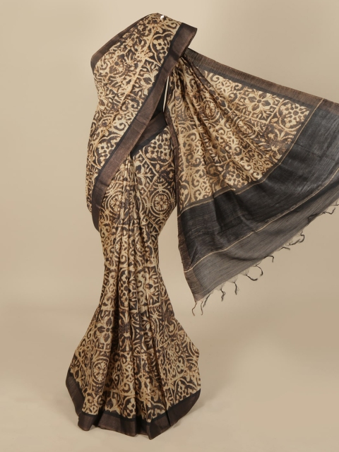 Pothys Cream-Coloured & Brown Jute Silk Printed Saree