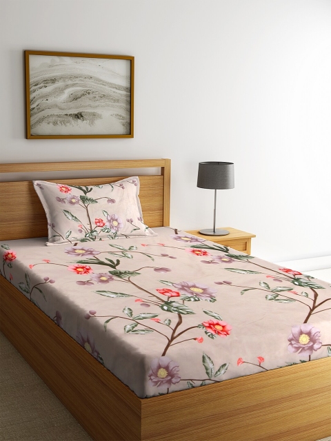 

NEUDIS Beige & Pink Floral Printed 180 TC 1 Single Bedsheet With Pillow Cover