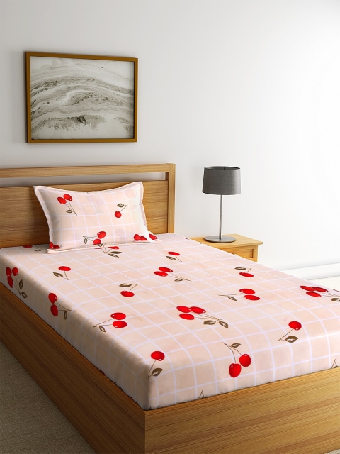 

NEUDIS Peach-Coloured & Red Floral Printed 180 TC Cotton 1 Single Bedsheet with 1 Pillow Covers