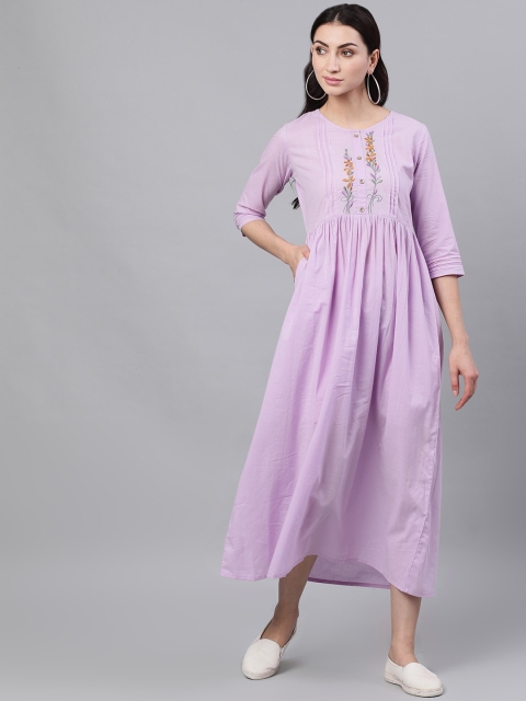 

Nayo Women Lavender Solid Embroidered Maxi Dress