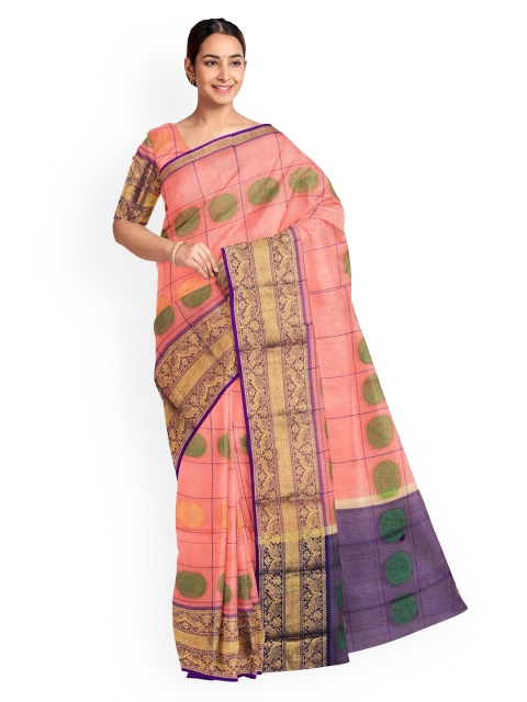 

KLM Fashion Mall Peach-Coloured & Blue Silk Blend Woven Design Saree