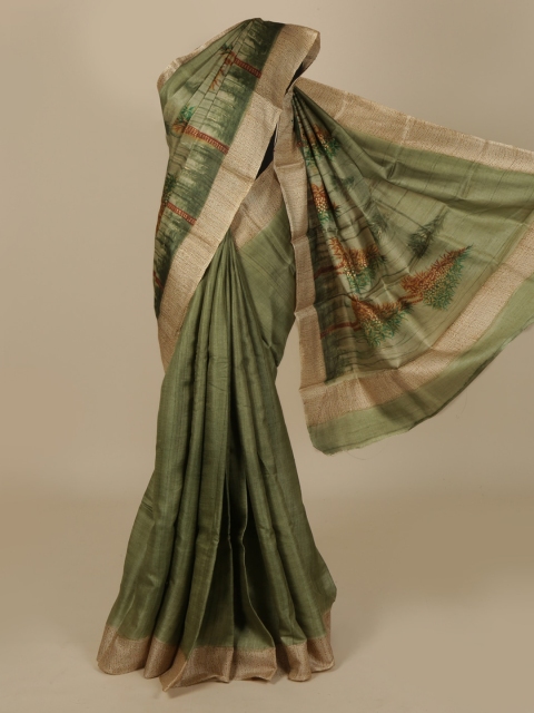 

Pothys Green & Cream-Coloured Jute Silk Printed Saree