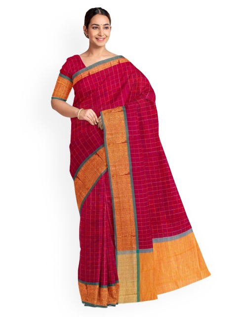 

KLM Fashion Mall Red Checked Silk Blend Saree
