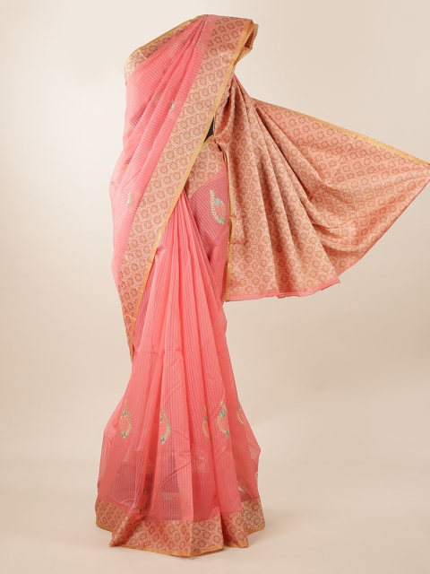 

Pothys Peach-Coloured & Brown Cotton Blend Floral Embroidered Saree