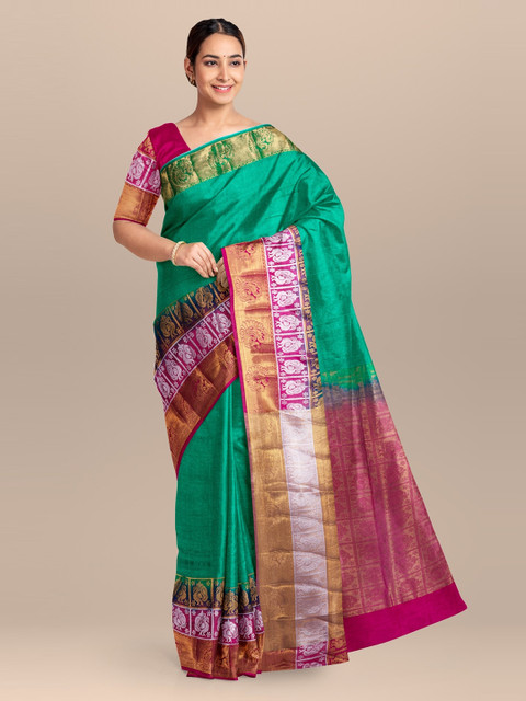 

KLM Fashion Mall Green & Pink Linen Blend Woven Design Saree