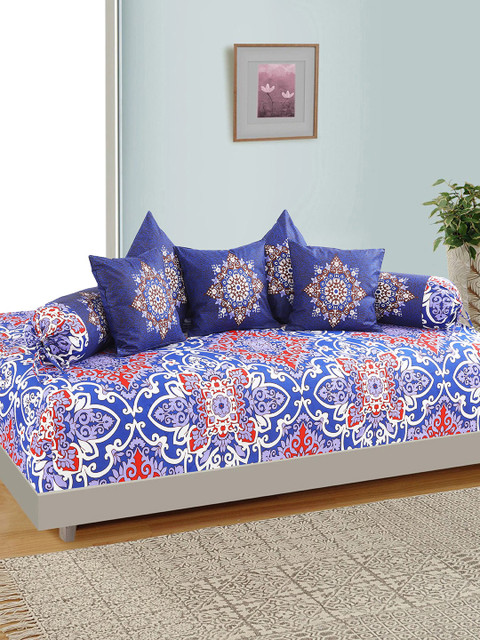

Salona Bichona Set Of 8 White & Blue Cotton Printed Diwan