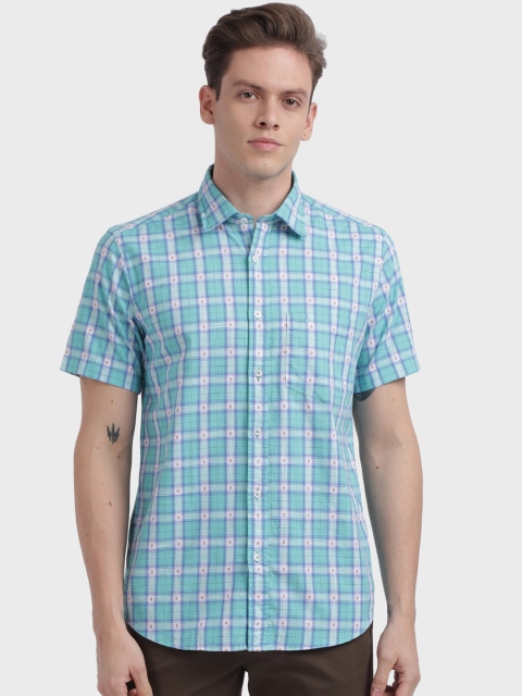 

ColorPlus Men Turquoise Blue & White Tailored Fit Checked Casual Shirt