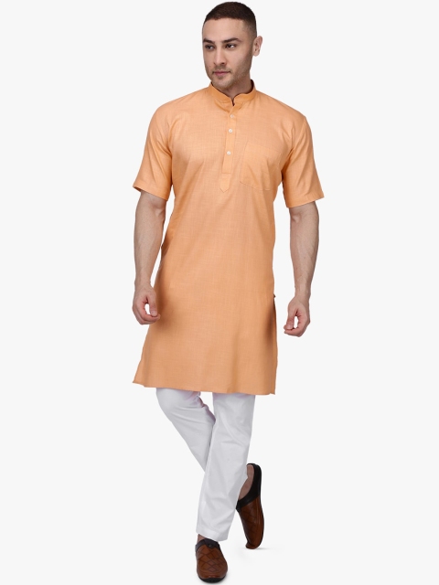 

RAJUBHAI HARGOVINDAS Men Peach-Coloured Solid Straight Kurta