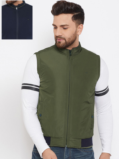 

Okane Men Olive Green & Navy Blue Solid Reversible Bomber