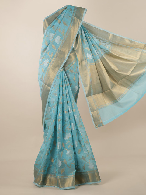 

Pothys Blue & Gold-Toned Floral Woven Design Supernet Saree