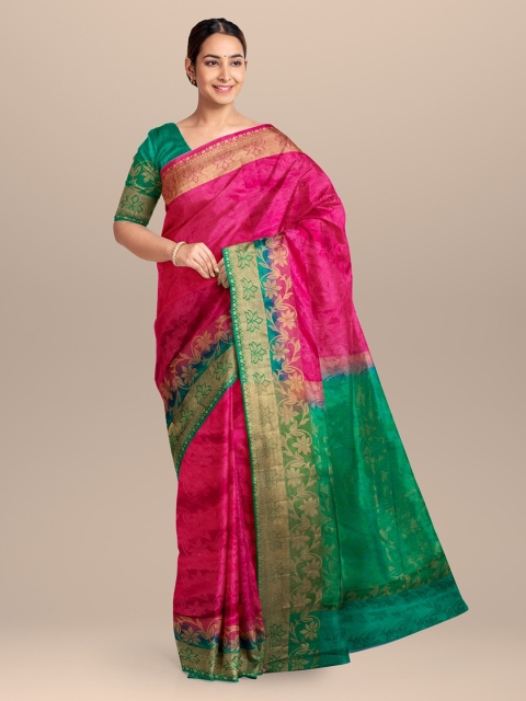 

KLM Fashion Mall Pink & Green Linen Blend Printed Saree