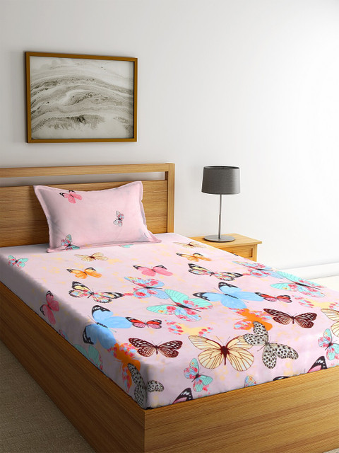 

NEUDIS Pink & Blue Printed 180 TC Cotton Single Bedsheet With 1 Pillow Cover