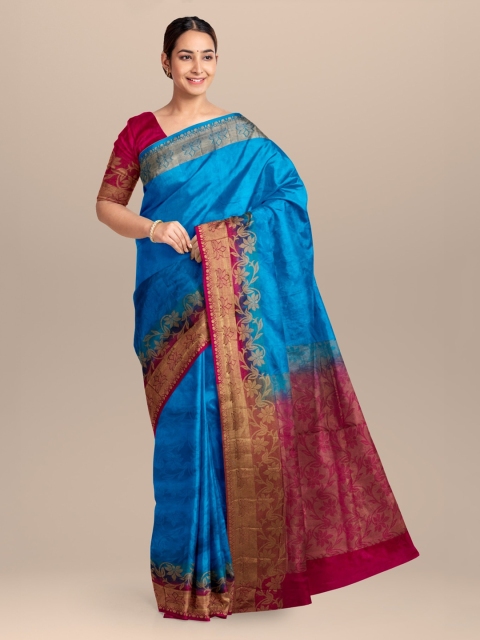 

KLM Fashion Mall Blue & Pink Linen Blend Solid Saree