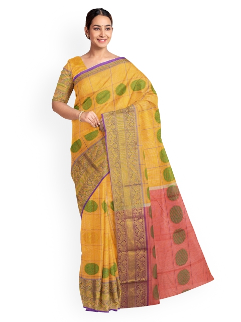 

KLM Fashion Mall Yellow Checked Silk Blend Saree