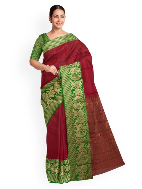 KLM Fashion Mall Red & Green Silk Blend Solid Saree