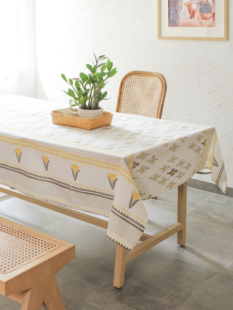 

House This Yellow & Off-White Printed 6 Seater Table Cover