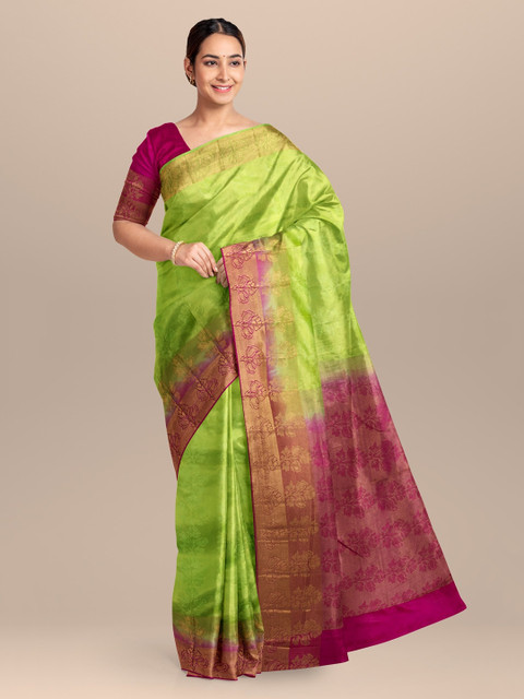 

KLM Fashion Mall Green & Pink Linen Blend Colourblocked Saree