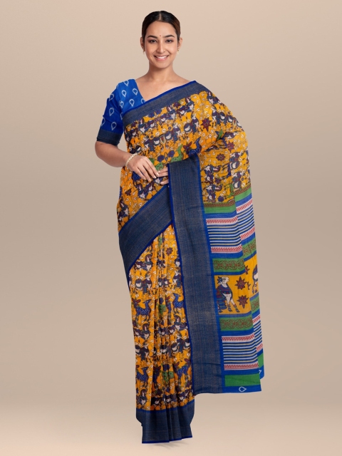 

KLM Fashion Mall Yellow & Blue Linen Blend Printed Saree