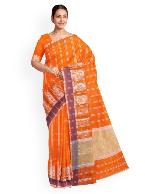 KLM Fashion Mall Orange Striped Silk Blend Saree