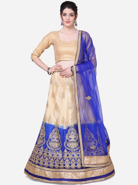 

Mitera Women Blue & Gold-Coloured Embroidered Semi-Stitched Lehenga & Unstitched Choli with Dupatta