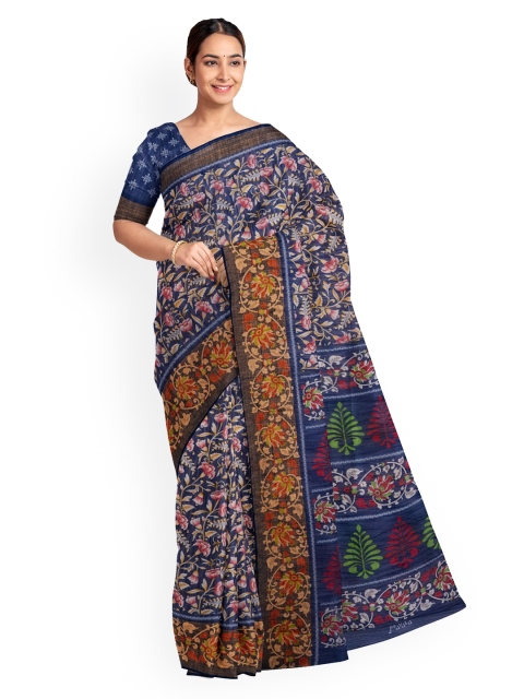 KLM Fashion Mall Navy Blue Printed Linen Blend Saree