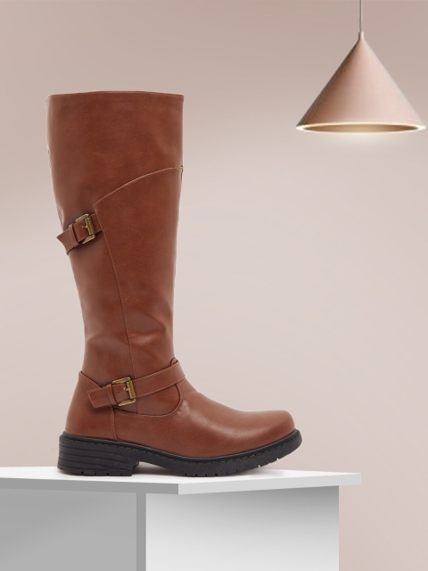 shoexpress Women Tan Brown Solid PU High-Top Flat Boots