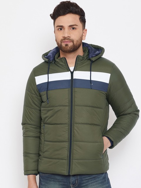

Okane Men Olive Green Colourblocked Padded Jacket with Detachable Hood