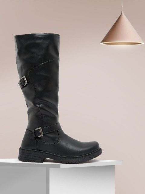 

shoexpress Women Black Solid PU High-Top Flat Boots With Buckle Accents