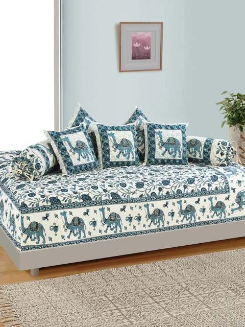 

Salona Bichona Set Of 8 White & Blue Printed Cotton Diwan