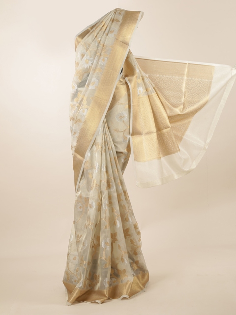 

Pothys Cream-Coloured & Gold-Toned Floral Woven Design Supernet Saree