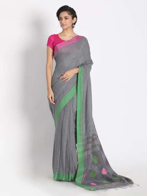 

Aryavart Grey Pure Cotton Solid Jamdani Saree