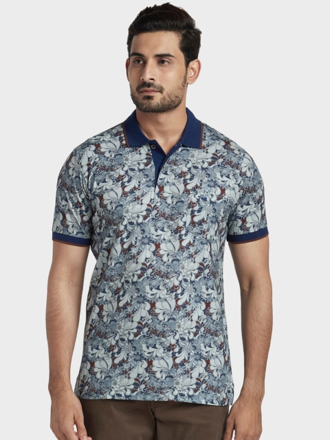 

ColorPlus Men Grey Brown Pure Cotton Floral Printed Polo Collar Pure Cotton T-shirt