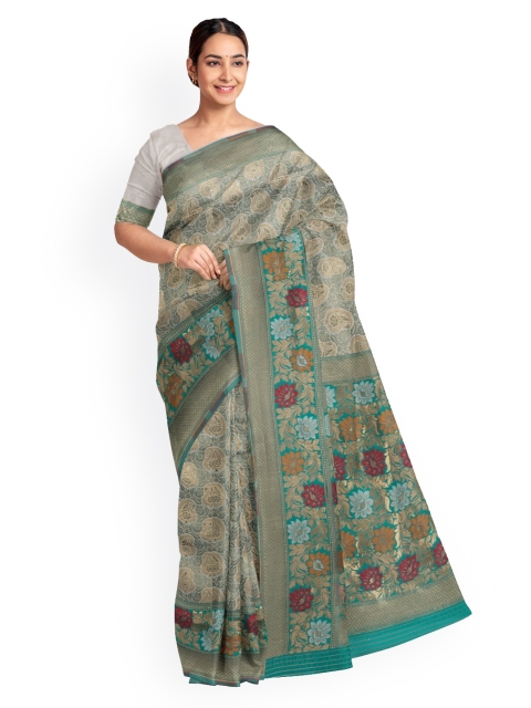 

KLM Fashion Mall Green & Cream-Coloured Linen Blend Woven Design Saree