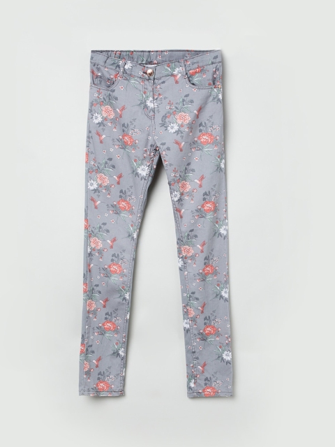 

max Girls Grey & Orange Floral Printed Regular Trousers