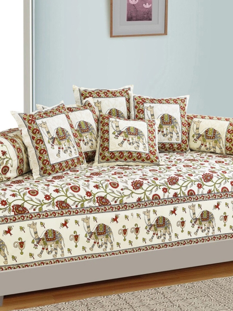 

Salona Bichona Set Of 8 White & Red Printed Cotton Diwan
